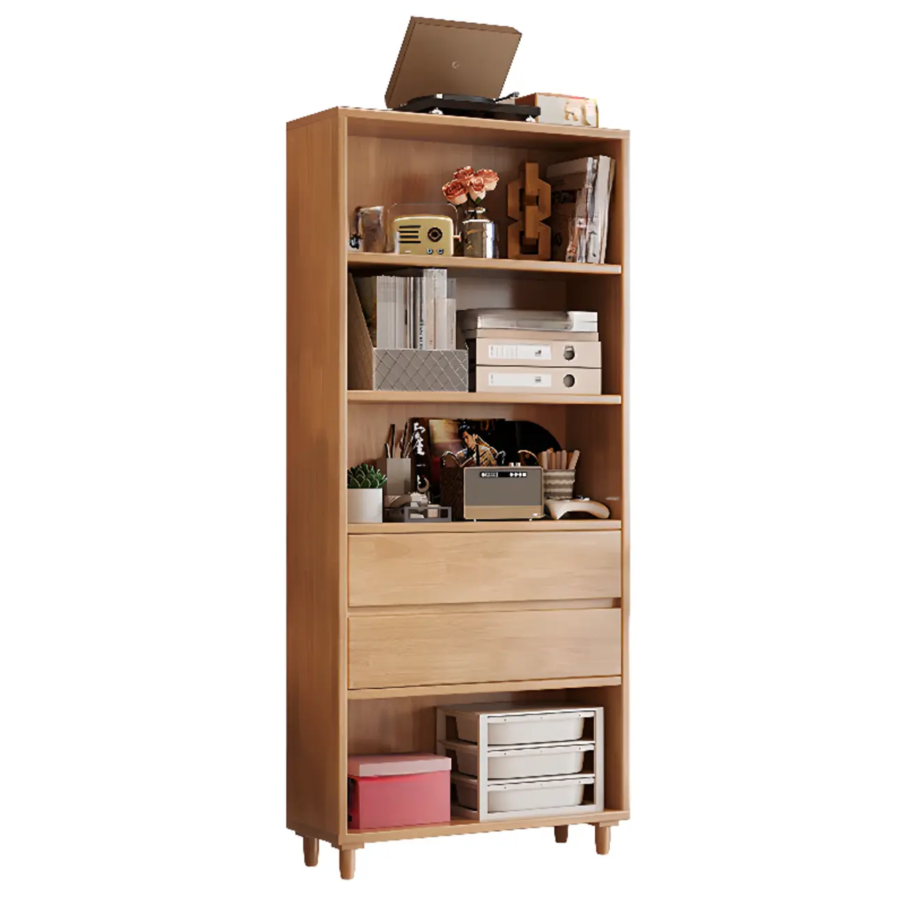 Spacious Versatile Vertical Brown Wood Bookcase with Drawers
