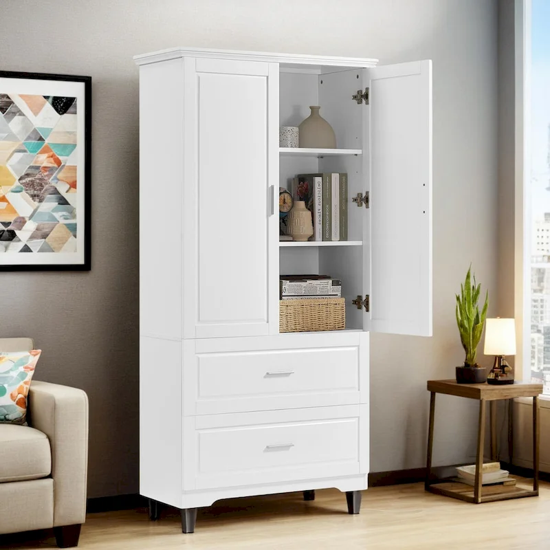 63Tall Bathroom Storage Cabinet, Cabinet with Two Doors and Drawers, Adjustable Shelf, MDF Board, White