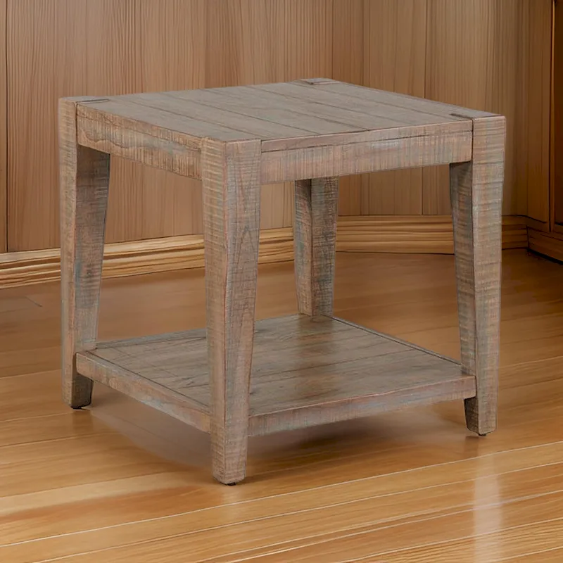 Light Brown Mahogany Square Side End Table with Lower Shelf and Tapered Legs