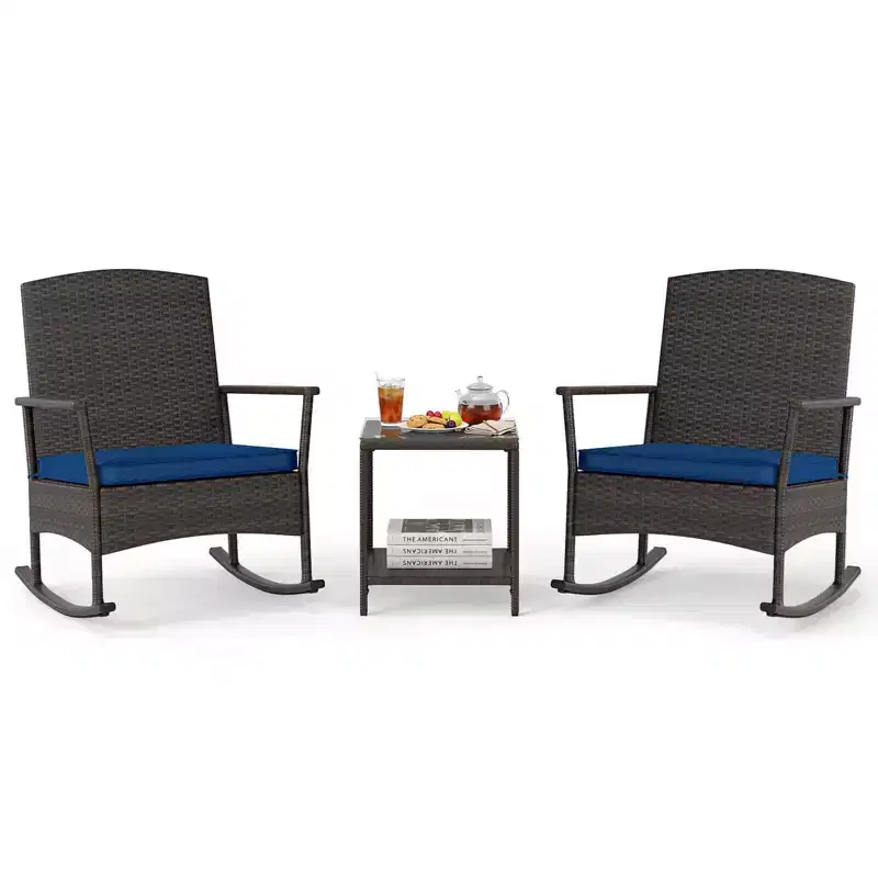 Costway 3 Piece Patio Rocking Set Wicker Rocking Chairs with 2-Tier Coffee Table Turquoise/Off White/Black