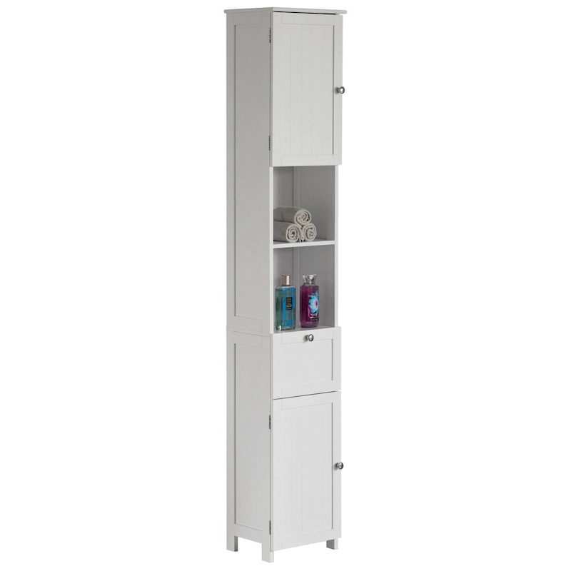 White Tall Standing Bathroom Linen Tower Storage Cabinet