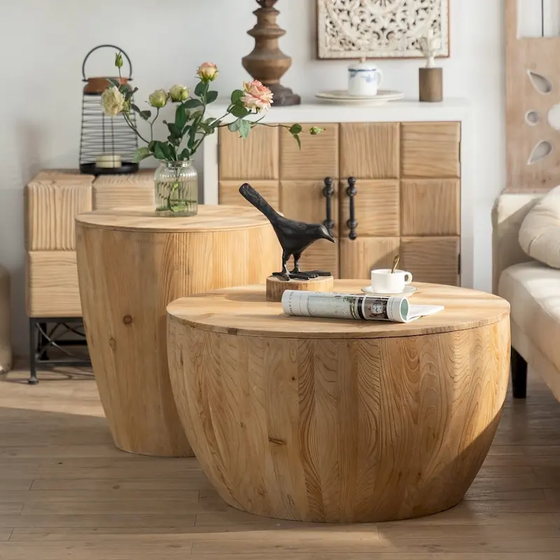 Barrel Shaped Coffee Table - Natural Wood, Vintage Style, Multi-User