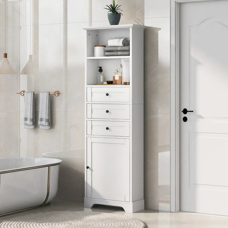 10 in. W x 22 in. D x 68.3 in. H White MDF Linen Cabinet with 3 Drawers and Adjustable Shelves