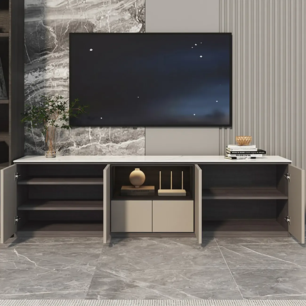 94 Dark Gray Stone Long Cabinet TV Stand with LED Lights