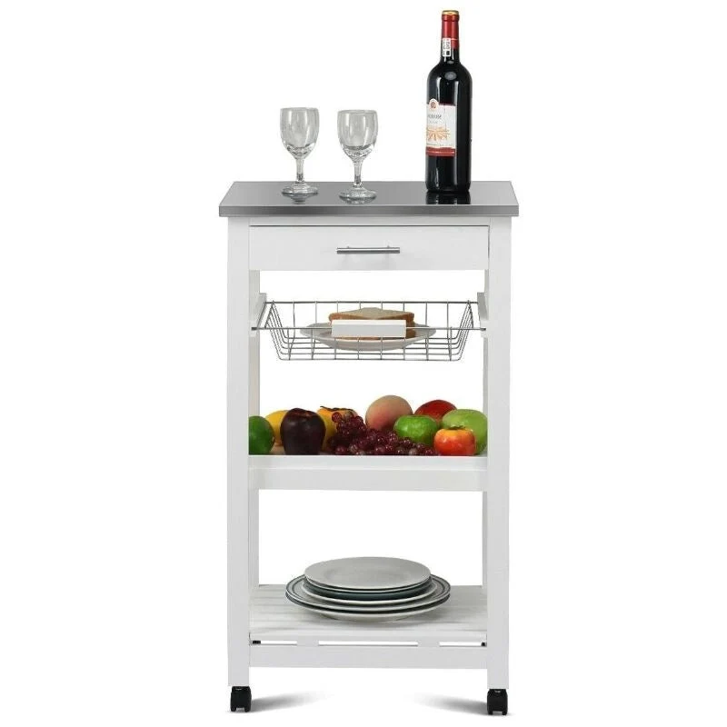 White Kitchen Cart with Storage Drawer and Stainless Steel Top - 18.5 x 14.5 x 33 ( L x W x H )