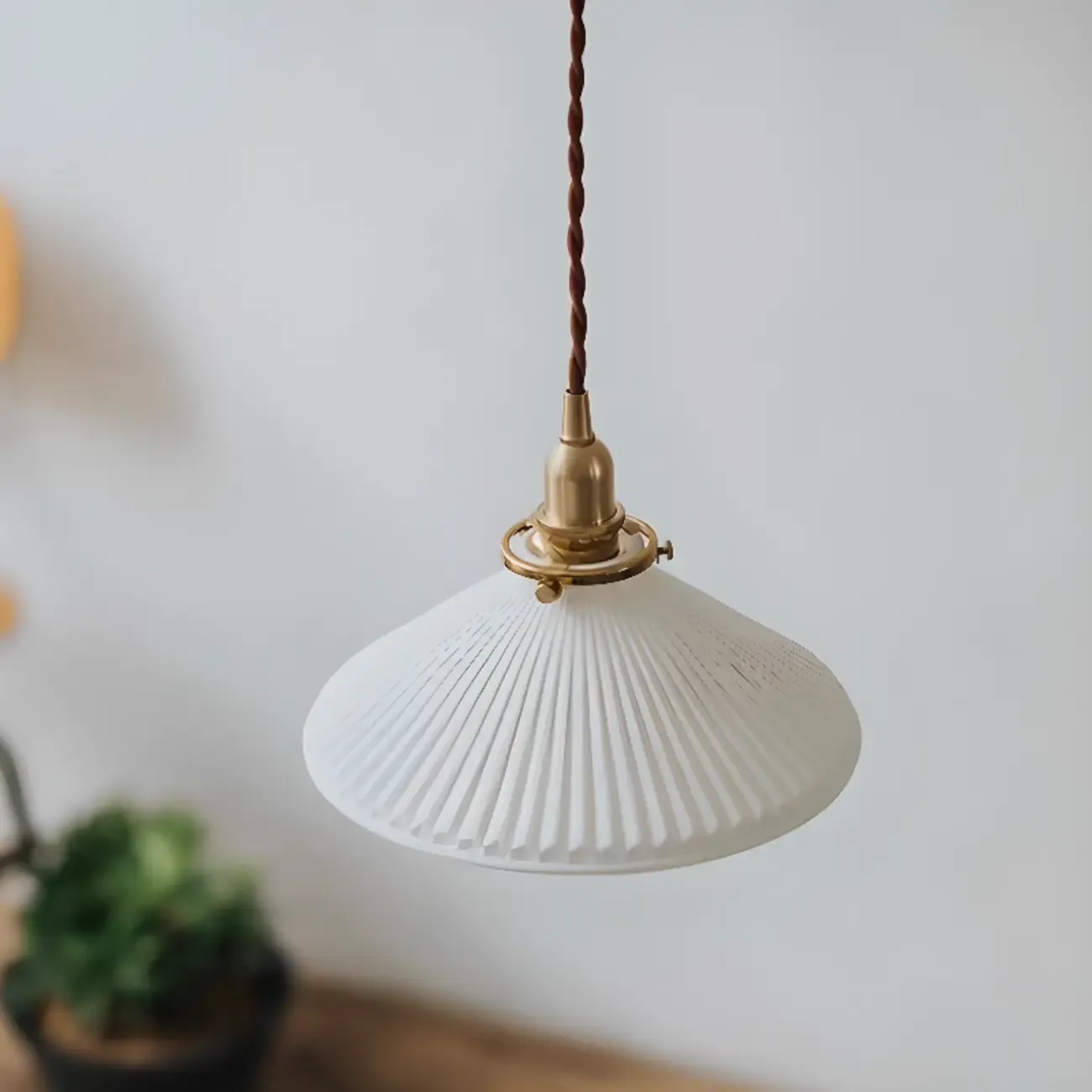 White Ceramics Pleated Cone Hanging Pendant Light
