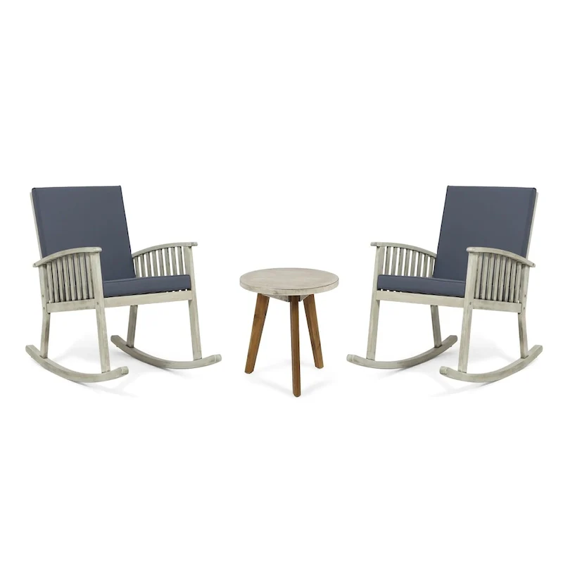 Alametos Outdoor 2 Seater Acacia Wood Rocking Chairs and Side Table Set by Christopher Knight Home