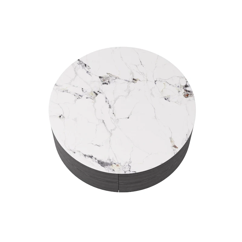 Modern Marble Top Round Coffee Table with Metal Base and 2 Drawers