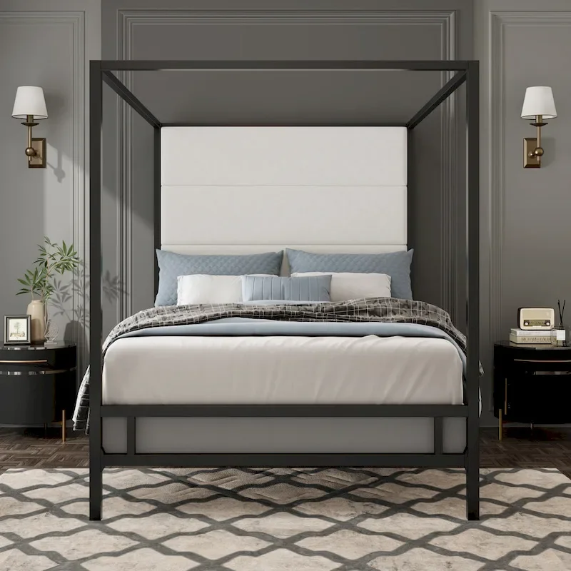Black White & Gold Tan Metal Canopy Bed, Linen Headboard, 4-Poster, King/Queen, 2-Person
