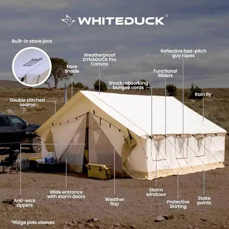 WHITE DUCK 12 x 14 ft Alpha Pro Wall Tent with Stove Jack & Frame, 4-Season Water Repellent Hunting & Camping Tent, Eco-Friendly with AC Port