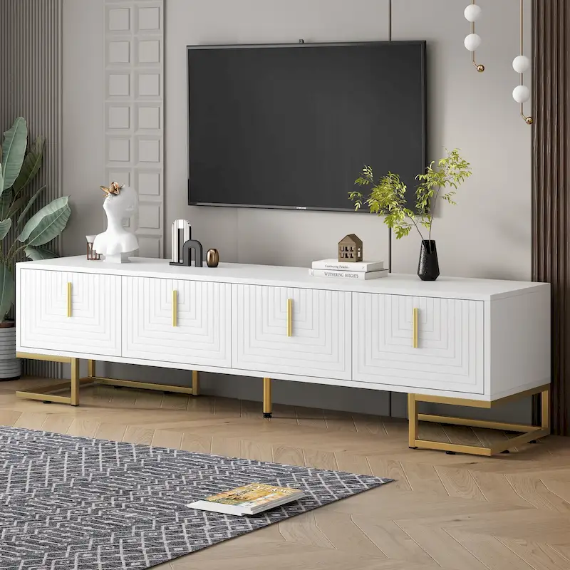 White+Gold 70.8 TV Stand with Gold Handles & Cabinets for 80 TVs