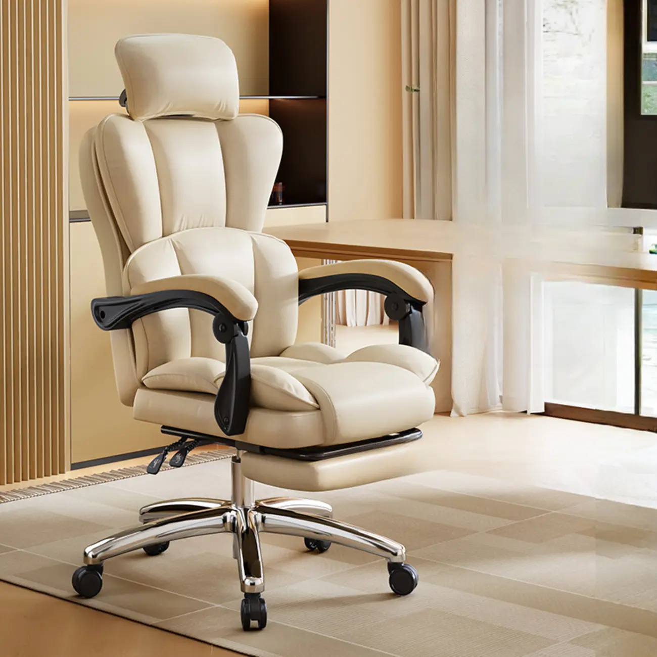 Modern Khaki Leather Adjustable Reclining Office Chair