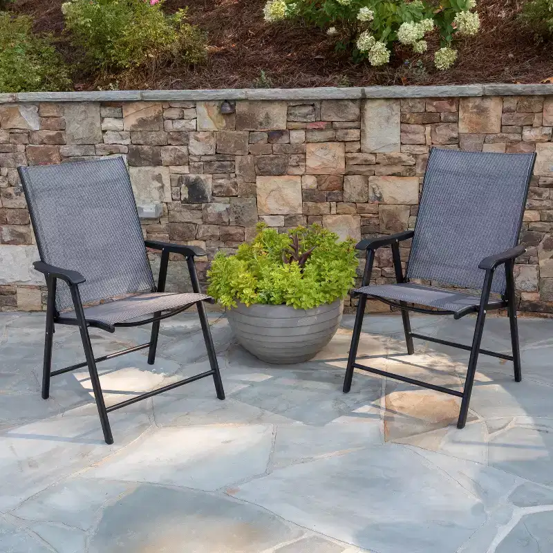 Emma and Oliver Black Outdoor Folding Patio Sling Chair / Portable Chair (2 Pack)