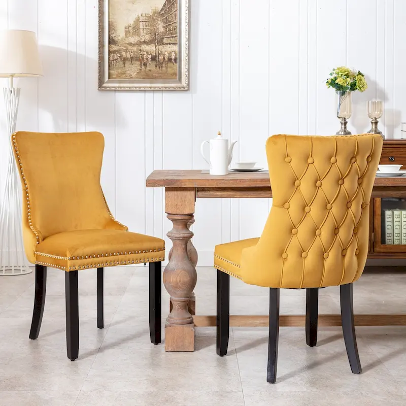 Gold/Black/Beige/Gray Velvet Wing-Back Dining Chair with Nailhead Trim, Set of 2