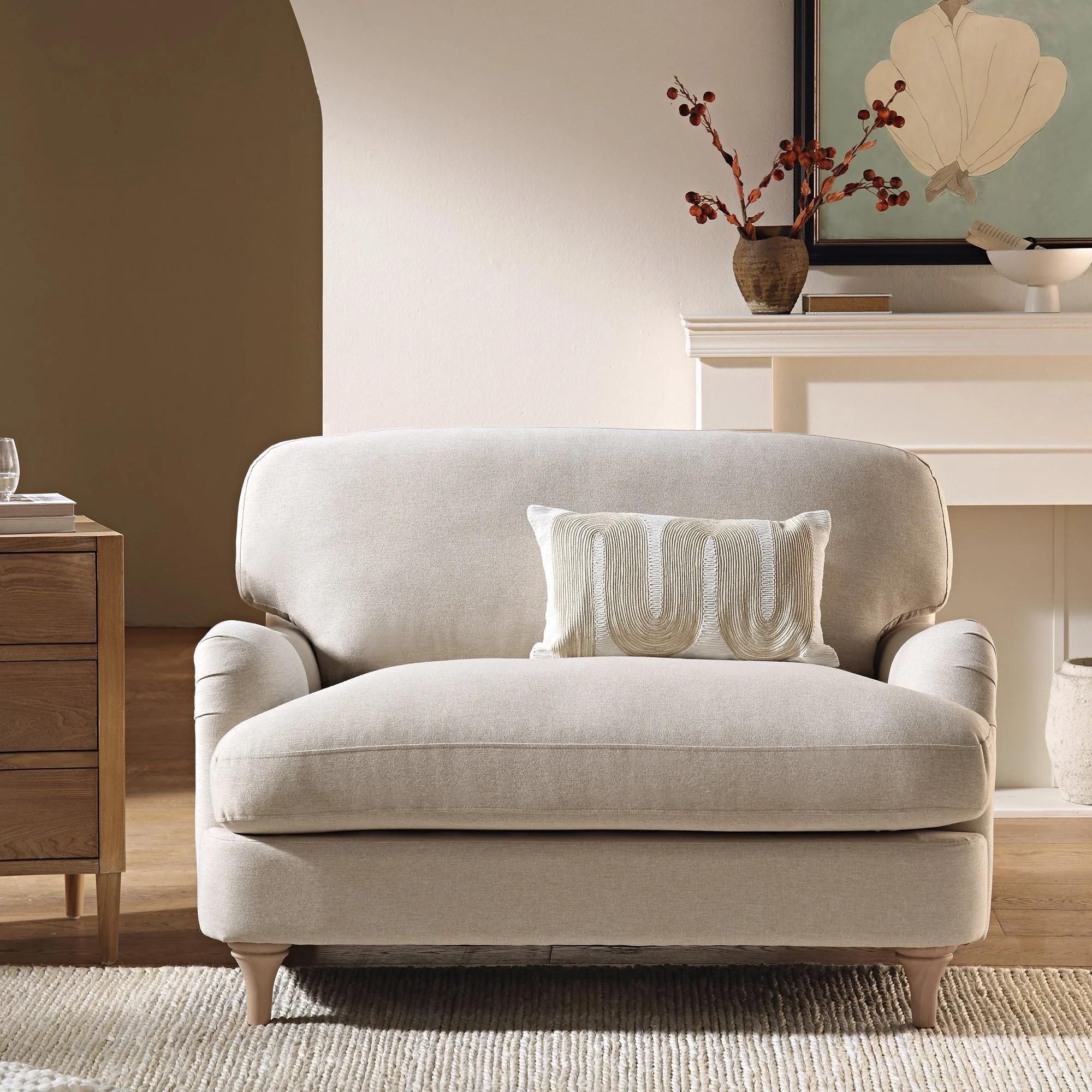 Traditional English Loveseat Sofa - Oatmeal Brushed Fabric, Curved Back, Hand Tufted Armrests, 1.5-Seater