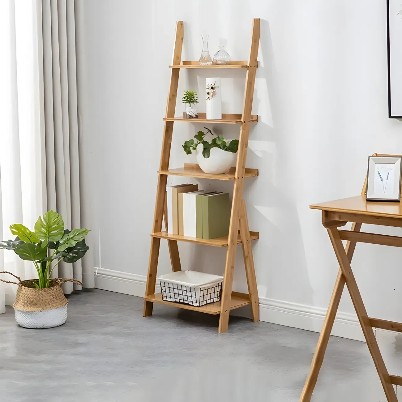 Solid Wood 5-Tier Open Back Ladder Bookshelf