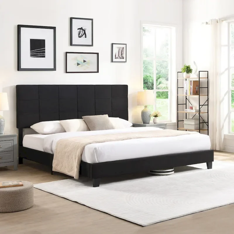 Black King Size Linen Upholstered Platform Bed