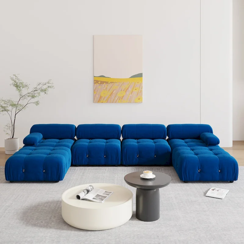 Blue Velvet Upholstered Sectional Sofa