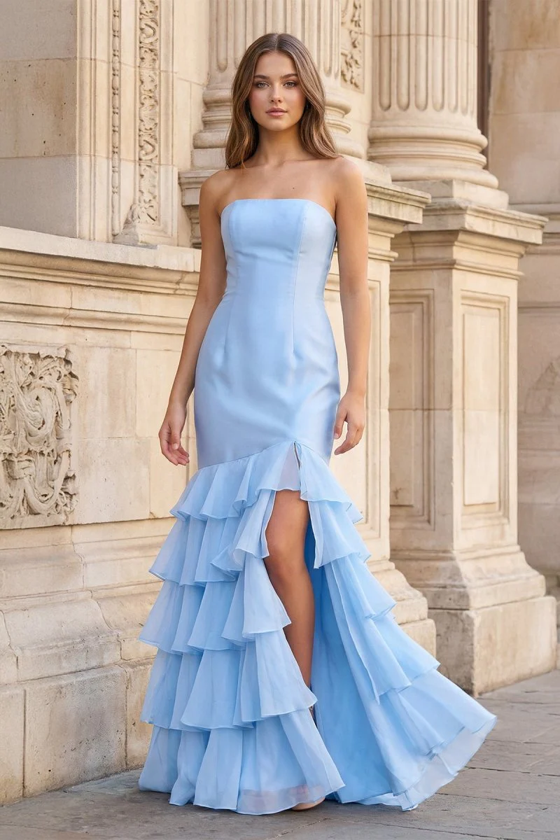 Sky Blue Mermaid Strapless Prom Dresses With Split