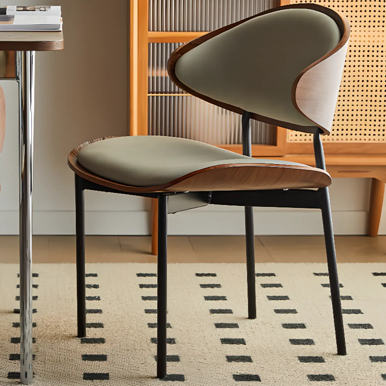 Black Leather Seat Curved Back Dining Chair