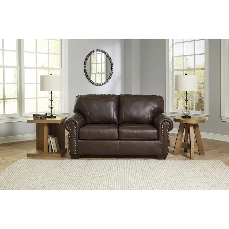 Dark Brown Loveseat with Roll Arm & Nailhead Trim - 67W x 40D x 39H