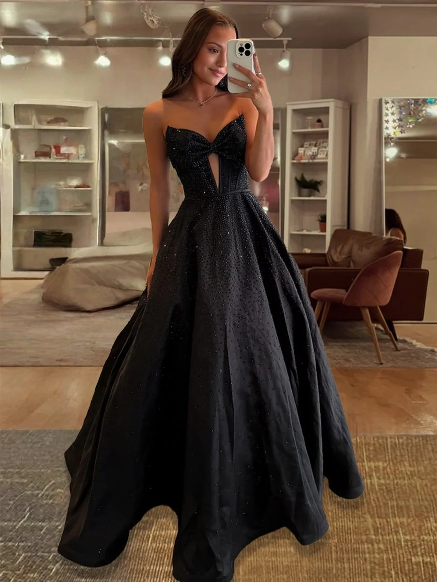 Navy Blue Strapless Satin Beaded A Line Long Prom Dresses With Bow