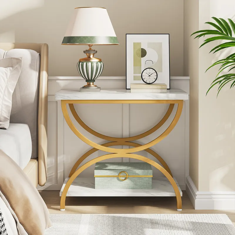 2-Tier Rectangular Wood Metal End Side Chairside Table