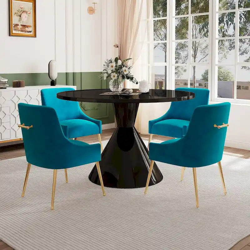 48 Light Luxury Black High Gloss Large Countertop Dining Table with Velvet Dining Chair Set