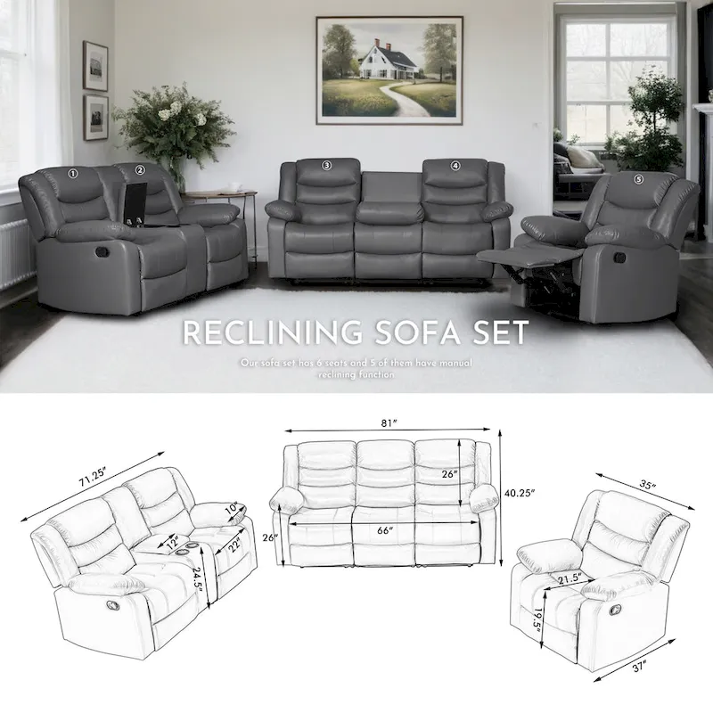 Faux Leather Manual Reclining Living Room Sofa with Dropdown Table and Console