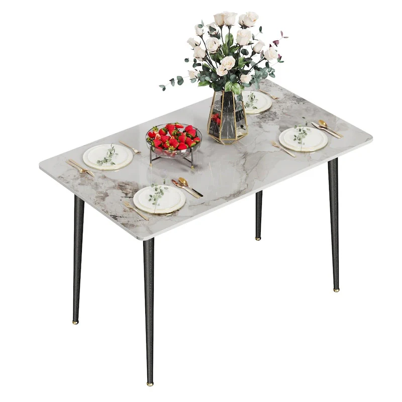 6 Seater Kitchen Dining Table Modern Marble Tabletop Rectangular with Tapered Metal Legs