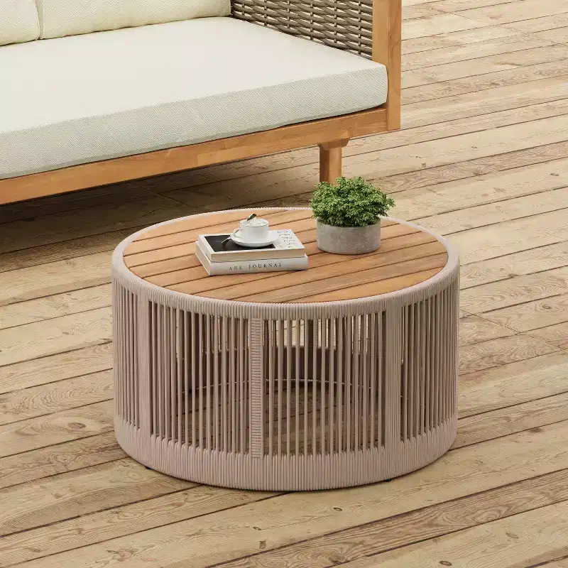 Christopher Knight Home Penley Outdoor Rustic Acacia Wood and Iron Round Coffee Table with Rope Accents