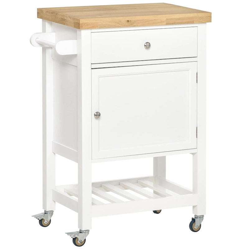 HOMCOM Utility Kitchen Cart, Rolling Kitchen Island with Smooth Rubberwood Top, Narrow Butcher Block Surface on Wheels