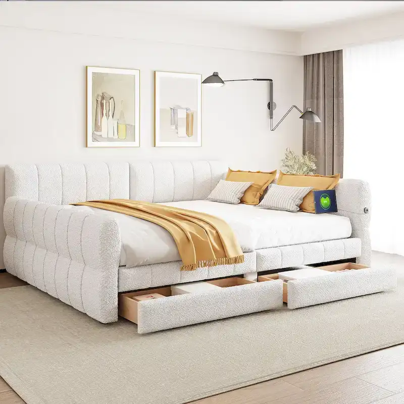 White Queen Platform Bed with USB & 2 Drawers, 2-Person