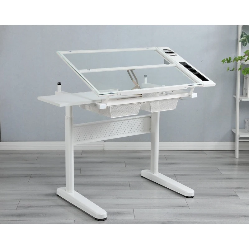 Hand Crank Adjustable Drafting Drawing Table with Stool and 2 Drawers