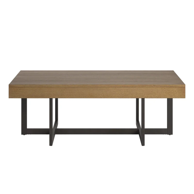Wood Finish Coffee Table with Two Drawers - Black Metal Frame
