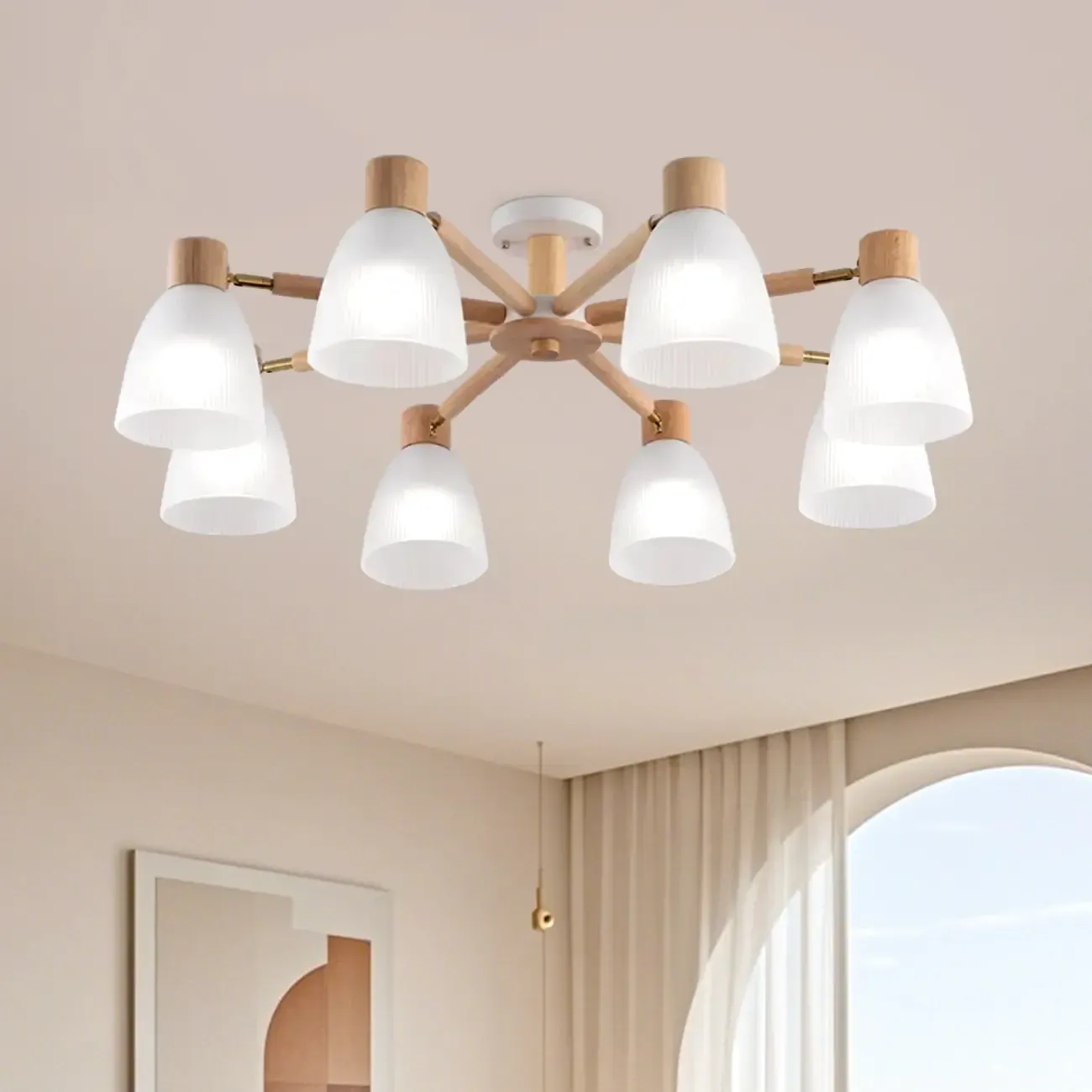 Natural White Cone Glass Wooden Semi Flush Mount Ceiling Light