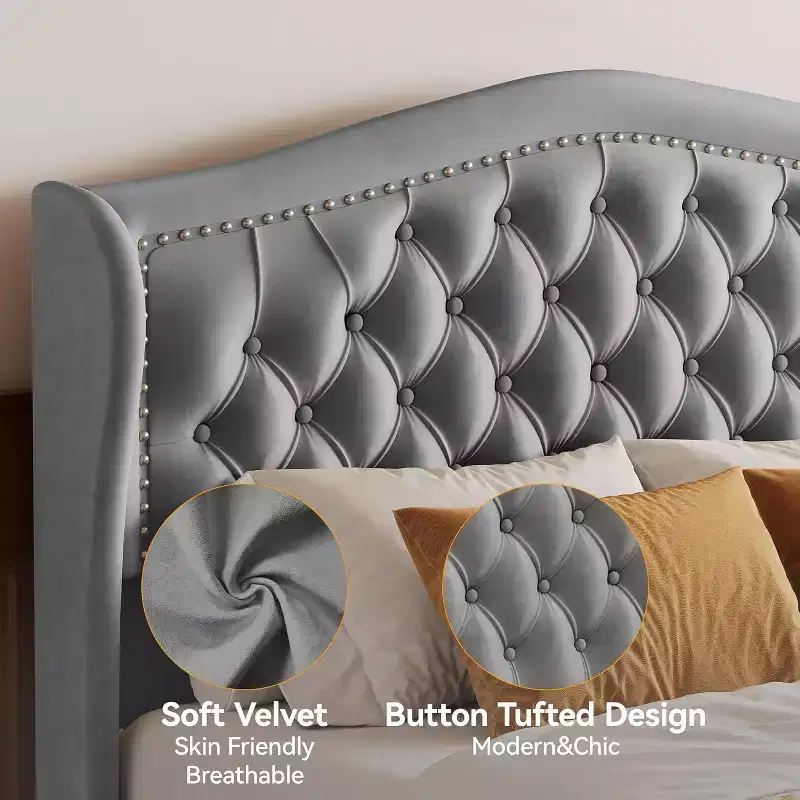 Dyonery Queen Velvet Bed Frame, 52.6 Wingback Tufted Headboard, 2 Drawers, No Box Spring