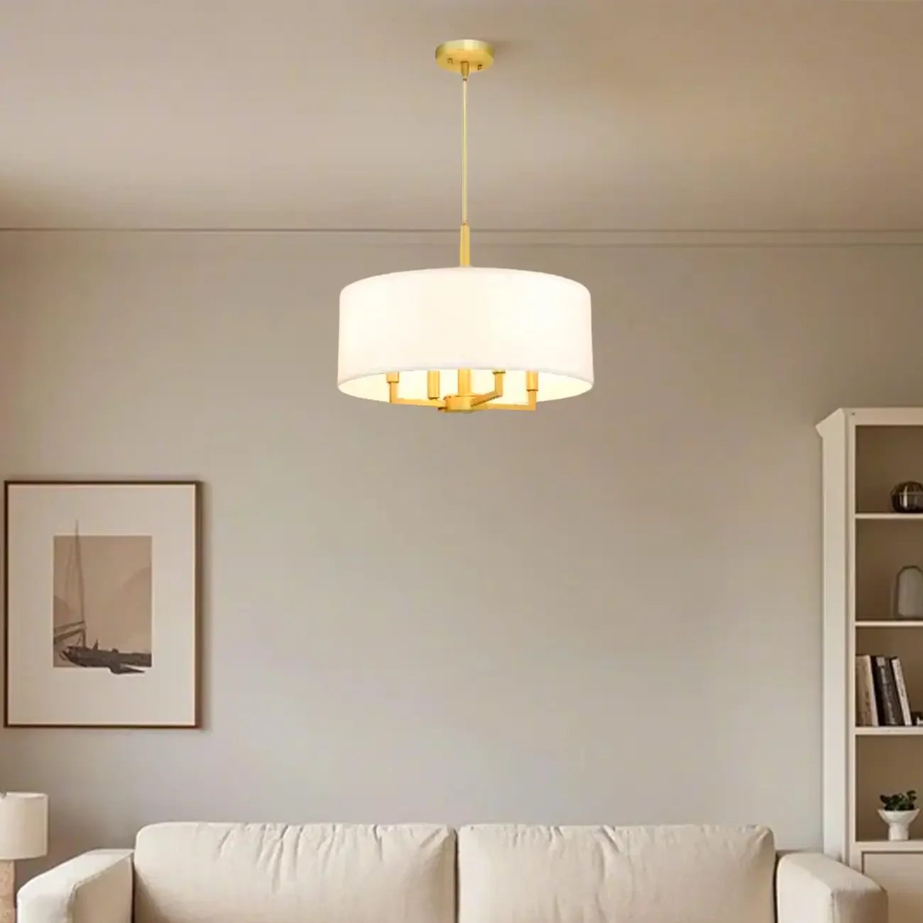 Modern Fabric Drum Chandeliers with Elegant Gold Finish