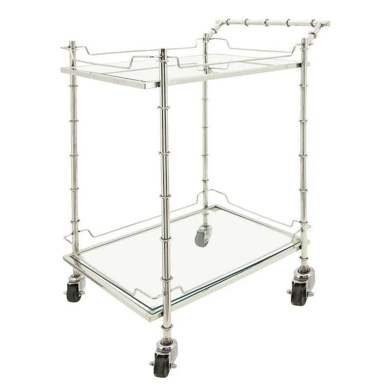30 Silver Two Tier Rectangular Rolling Bar Cart with Glass Top
