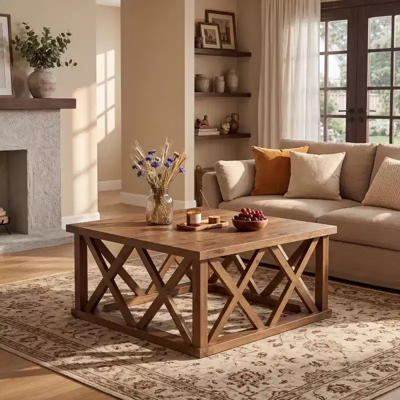 Lantine Solid Wood Coffee Table, 39.37-Inch Square Farmhouse Center Table with Reinforced X-Frame for Living Room, Apartment, Office