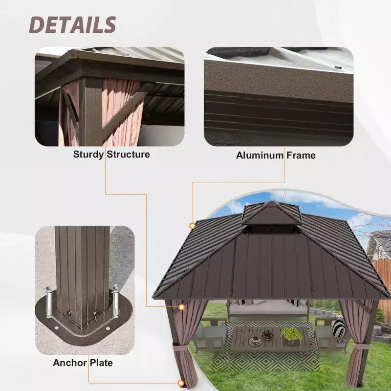 EAGLE PEAK Aluminum Frame with Steel Double Roof Hardtop Gazebo, Brown