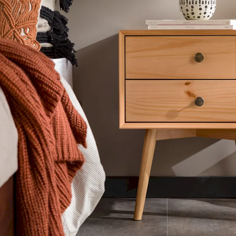 Mid-Century Solid Wood 2-Drawer Nightstand