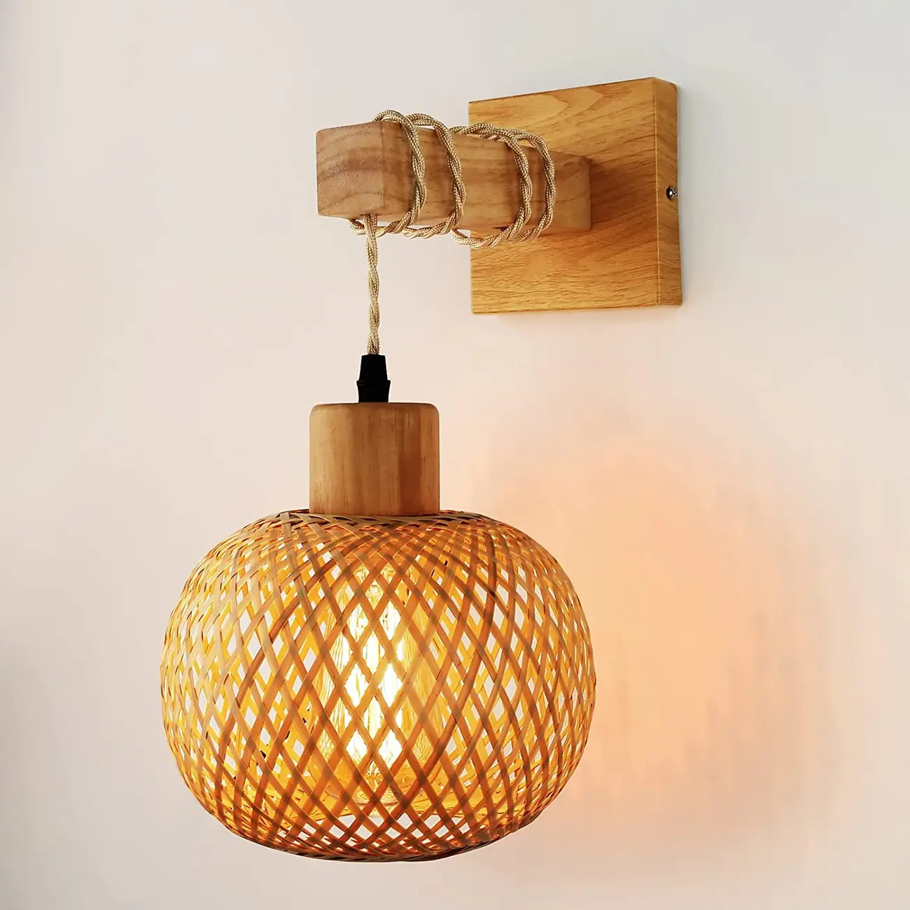 Oriental Rattan Wall Sconce with Rustic Charm for Bedroom