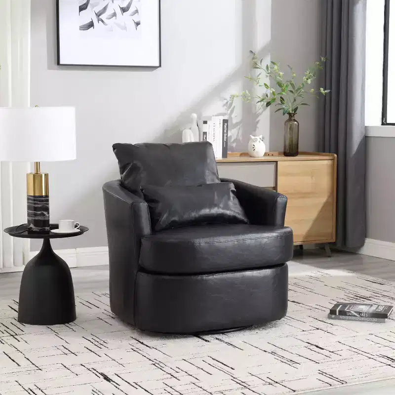 Okak 360 Swivel Barrel Chair,Plush PU Leather Accent Chair with Ergonomic Support for Living Room,Nursery,Office,Lounge