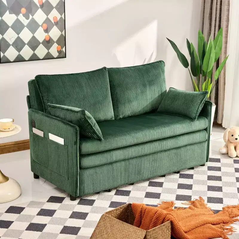 3-in-1 Corduroy Convertible Sofa Bed with USB and Side Pocket Storage, Twin Pull Out Sleeper Couch for Guest Room or Apartment - Panipeachy