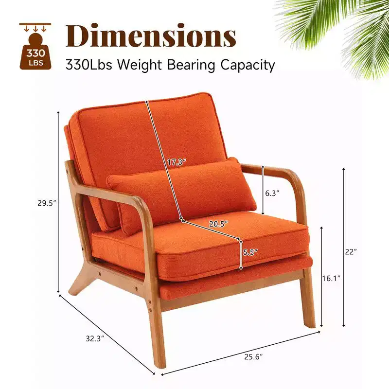 Karl Home 2Pcs Mid Century Solid Wood Accent Chair Upholstered Armchair with an Extra Pillow