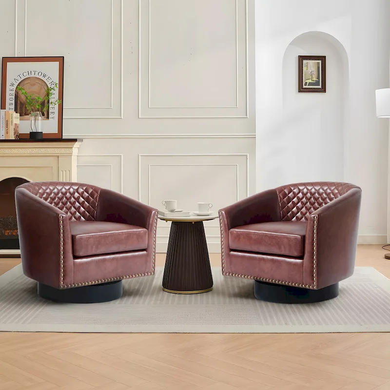 Faux Leather Nailheads Swivel Barrel Chair Set of 2