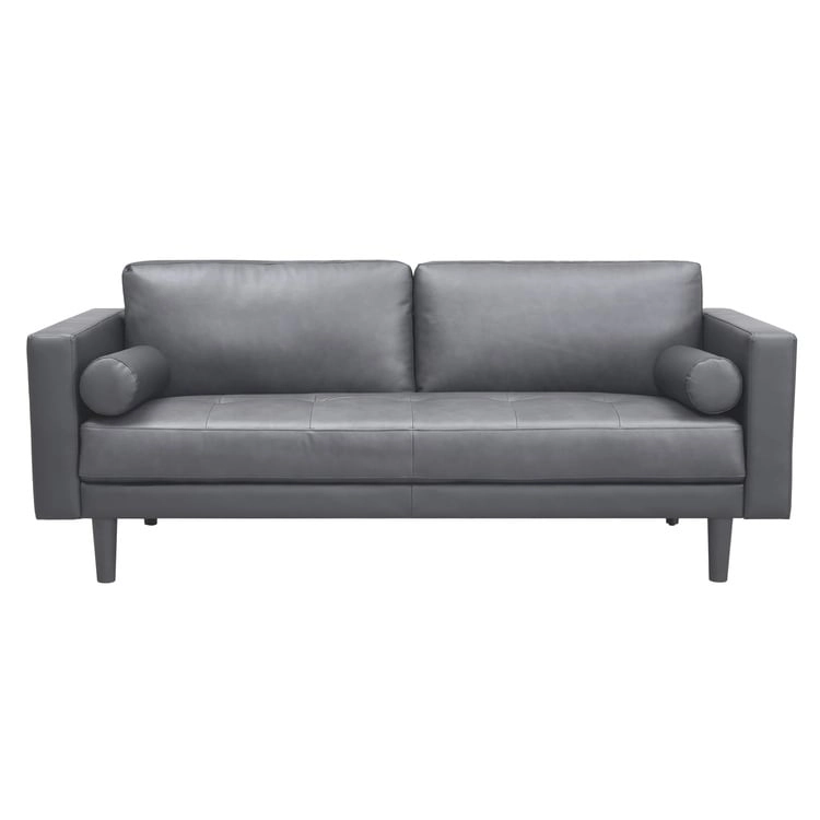 Modern Genuine Leather Sofa with Wooden Legs & Additional Bolster Pillow