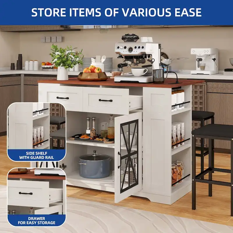 Moasis 47 Kitchen Island With Drop Leaf & 2 Bar Stools