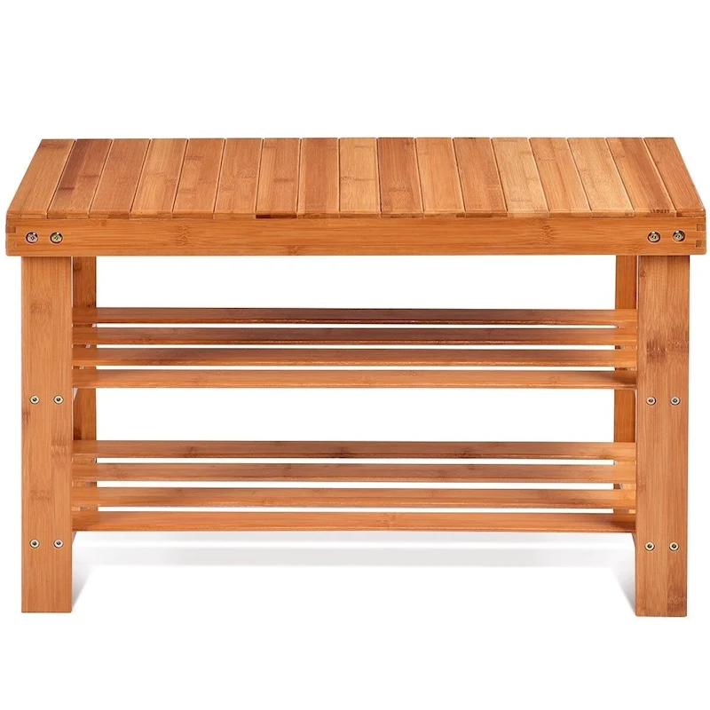 3 Tier Bamboo Bench Storage Shoe Shelf - 27.5  x 11  x 17.5  (L x W x H)